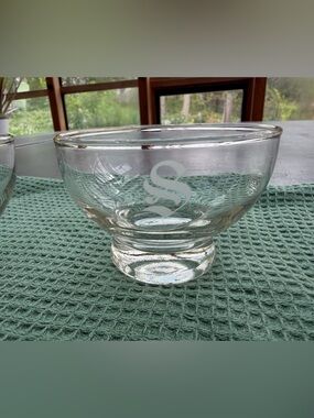 Set of 5 antique gold & clear glass crystal cups embossed with the letter S,
